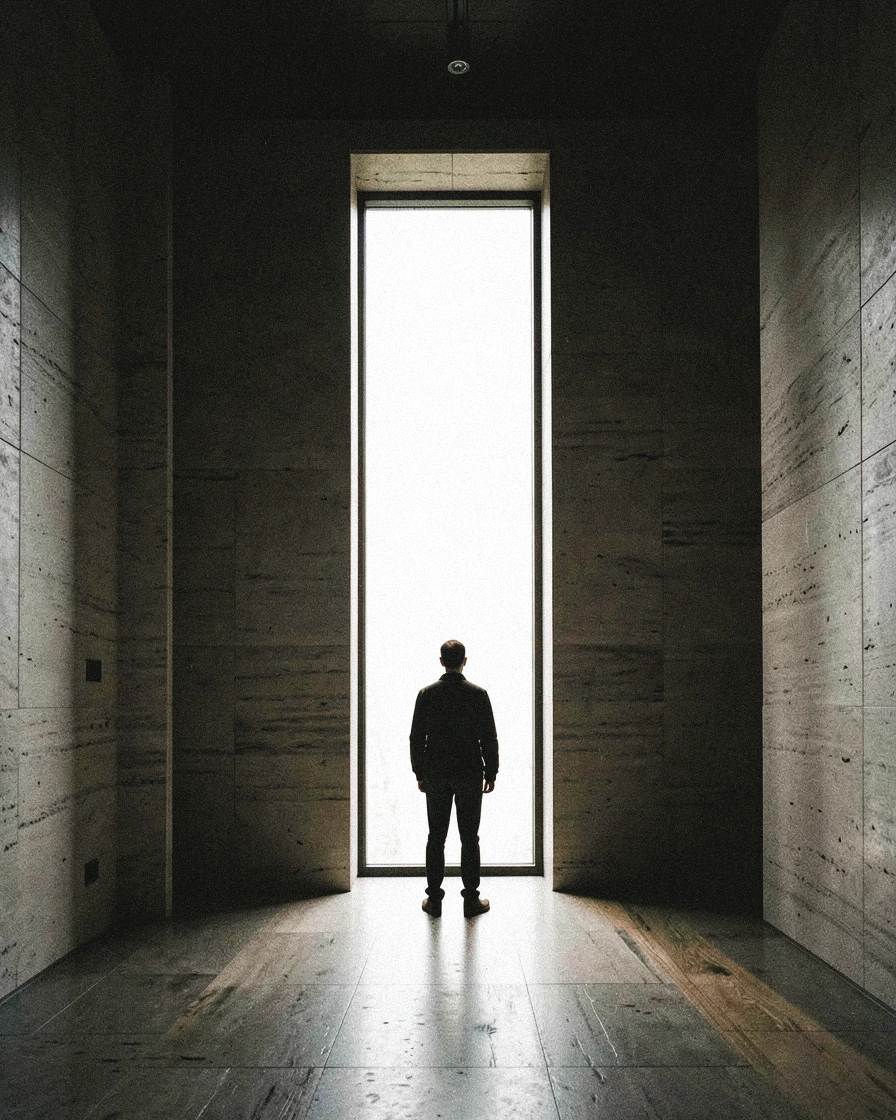 A lone figure seen from behind in a dark interior, facing a tall window.